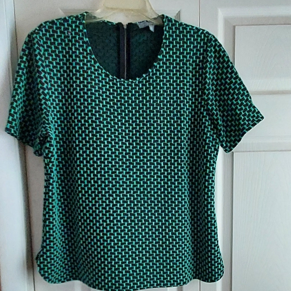 NY Collection Women Green Black Short Sleeve Top Waffle Basket Stretch Zip XL
